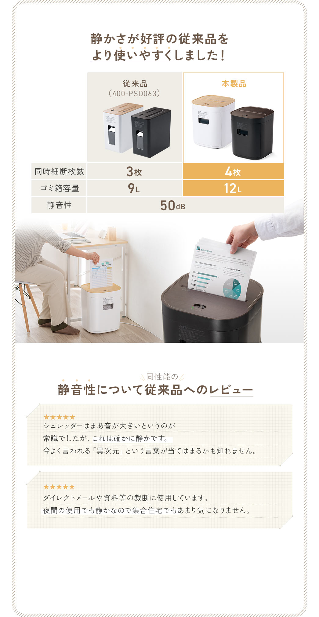 本製品の同時細断枚数、4枚、ゴミ箱容量、12L、静音性、50dBなど、静かさが好評の従来品をより使いやすくしました。 同性能の静音性について従来品へのレビュー、星5、シュレッダーはまあ音が大きいというのが常識でしたが、これは確かに静かです。今よく言われる「異次元」という言葉が当てはまるかも知れません。