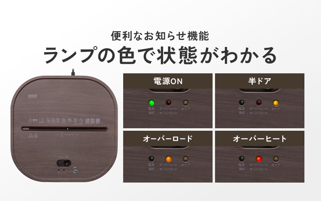 便利なお知らせ機能、ランプの色で電源ONや半ドア、オーバーロード、オーバーヒートなどの状態がわかります。