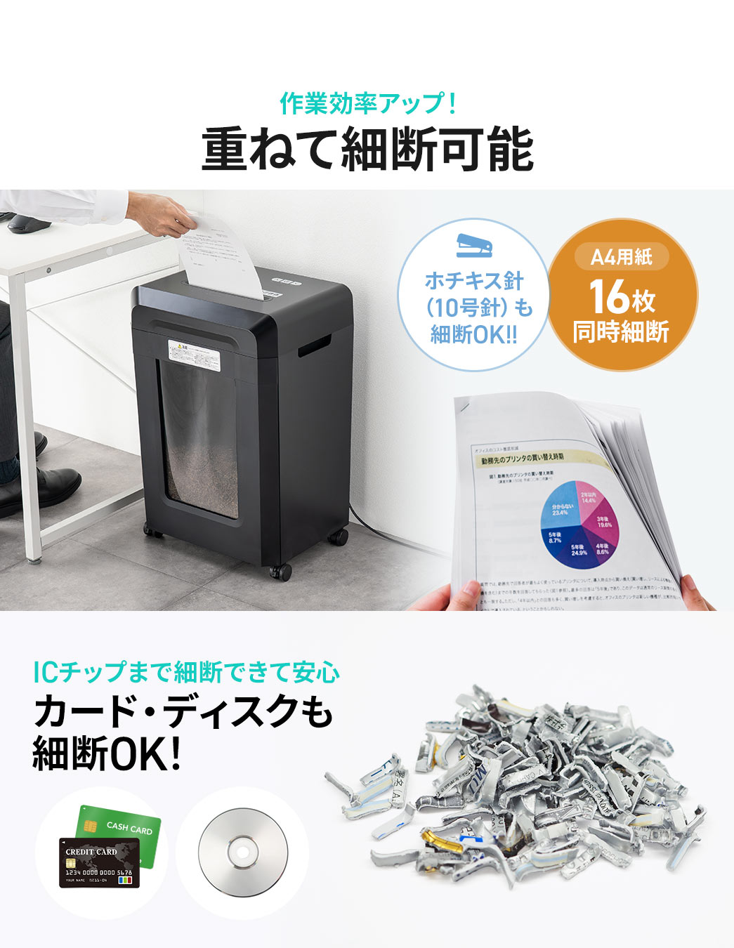 重ねて細断可能なので、作業効率アップ!ホッチキス針 (10号針)付きのままでも細断でき、A4用紙を16枚同時に細断可能。さらに、ICチップ付きカードやディスクも細断できるので安心です。