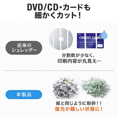 シュレッダー SHD017(電動・A4・ミニクロスカット・12枚細断・ホッチキス/CD/DVD/カード対応) 400-PSD017