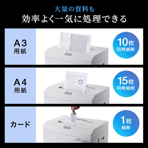 A3対応 電動シュレッダー マイクロカット A3用紙10枚同時細断 30分稼働 カード ホッチキス対応 容量40L キャスター付き