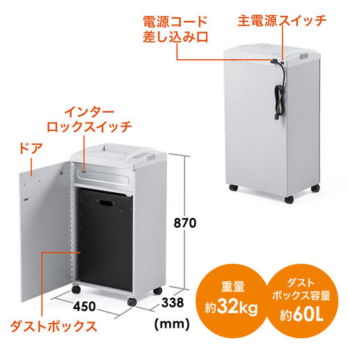 大容量 電動シュレッダー 業務用 4×32mm クロスカット 20枚同時細断 連続30分 カード対応 容量60L ダストボックス 400-PSD054