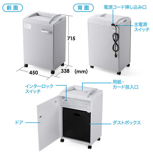 業務用シュレッダー 20枚細断 ホッチキス対応 クロスカット A4 電動 30分連続 40Lダストボックス カード細断対応 400-PSD029