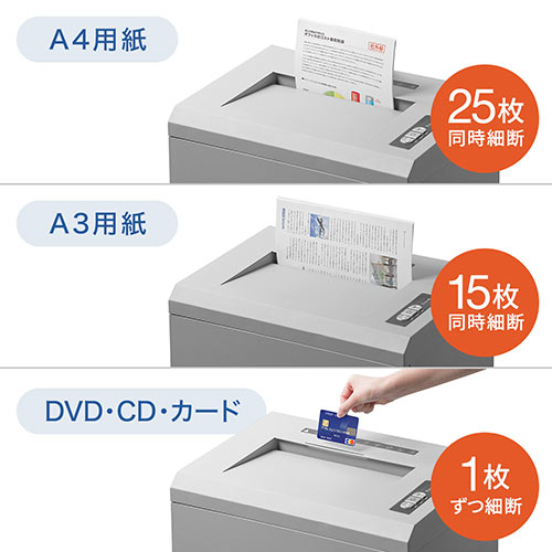 A3対応 電動シュレッダー 業務用 クロスカット A3 15枚細断 A4 25枚細断 60分稼働 ホチキス対応 カード DVD細断 400-PSD051
