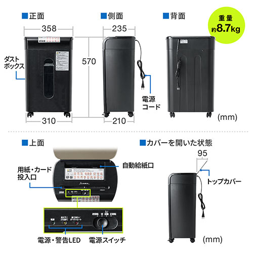 【アウトレット】オートフィードシュレッダー 業務用シュレッダー 自動細断 自動給紙 110枚 マイクロカット 2×10mm 手差し細断8枚 カード細断 400-PSD061